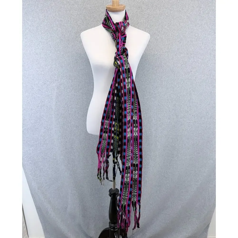 Womens Multicolor Woven Geometric Stripe Scarf Long Fringe Boho Festival Pink